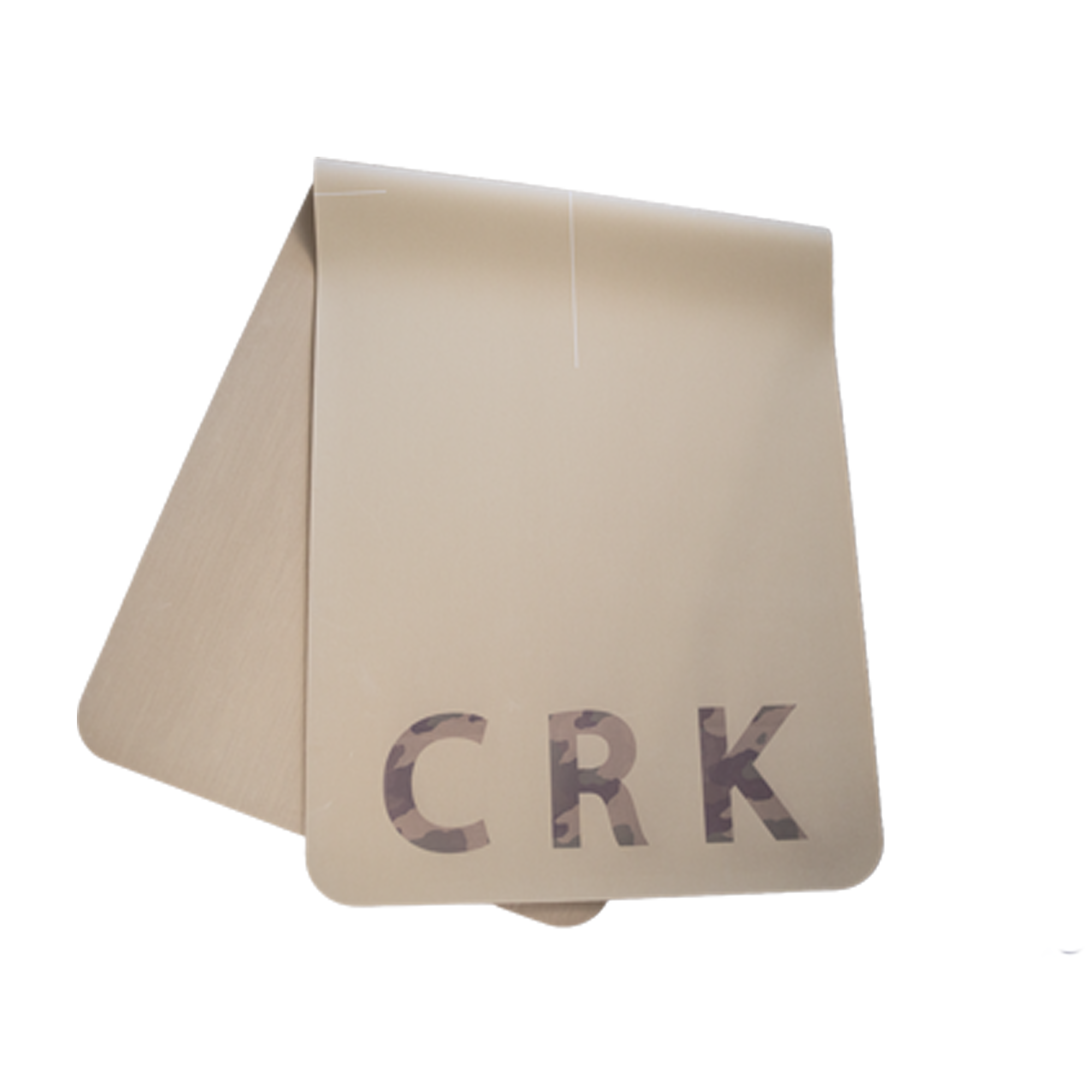 Tan Yoga Mat folded in half with the logo CRK printed on the bottom.
