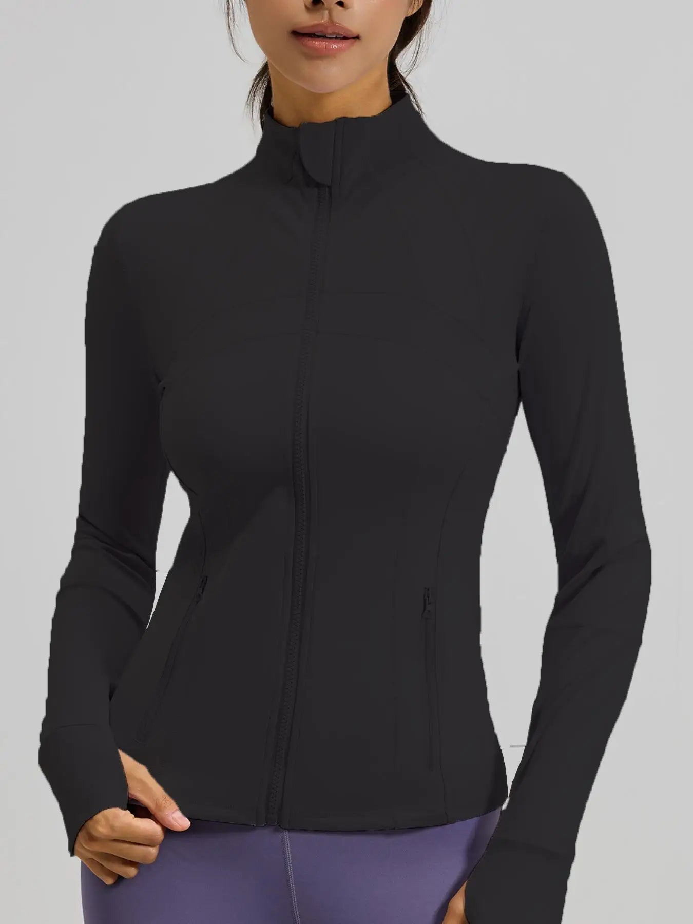 Women'S Sporty Zipper Jacket with Thumbholes & Pockets, Long Sleeve Slim-Fit Gym Jacket, All-Season Plain Design Bbljacket