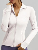 Women'S Sporty Zipper Jacket with Thumbholes & Pockets, Long Sleeve Slim-Fit Gym Jacket, All-Season Plain Design Bbljacket